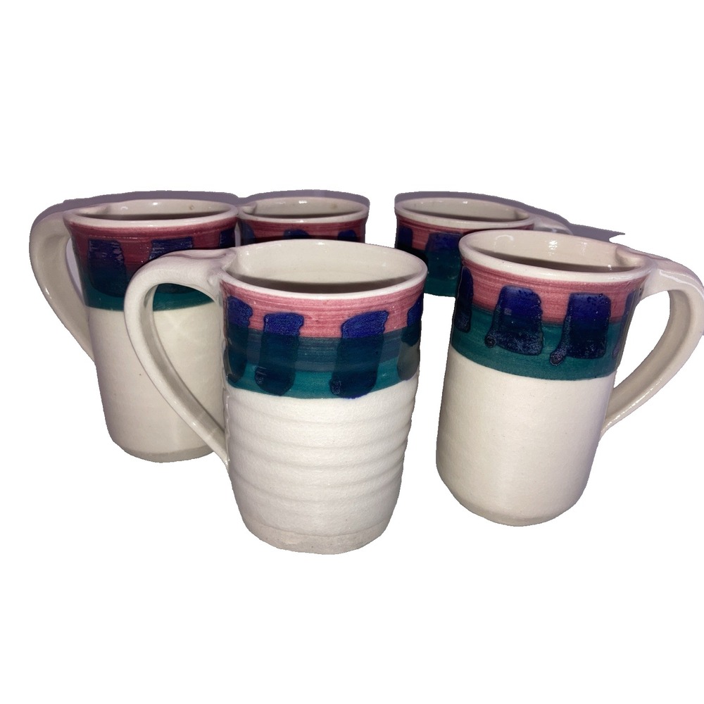 Set Of 5 Vtg Stoneware Pottery Coffee Mugs Cream Green Purple Blue Pink Signed
